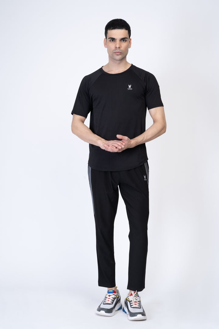 Black T-shirt and Black Track Pants